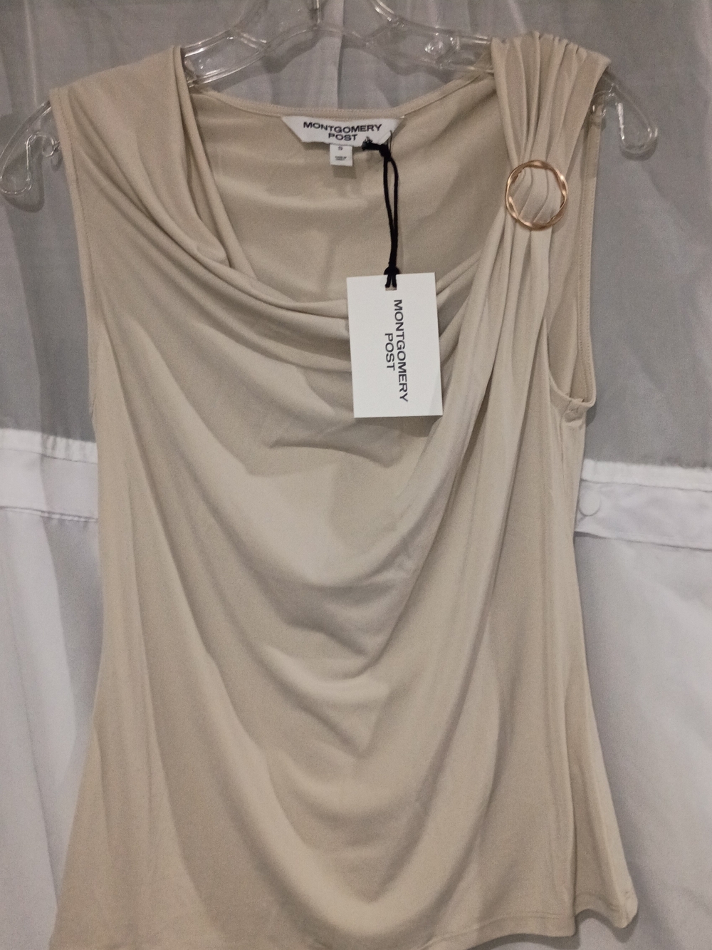 Women's Cream Draped Sleeveless Blouse with Gold Ring